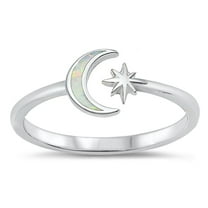 CHOOSE YOUR COLOR White Simulated Opal Adjustable Moon Star Ring .925 Sterling Silver Band CZ Female Size 9