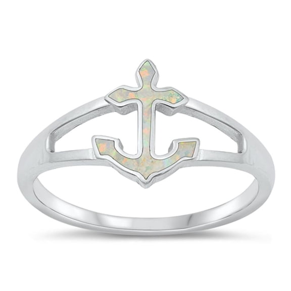 CHOOSE YOUR COLOR White Simulated Opal Anchor Ring .925 Sterling Silver Band CZ Female Size 7