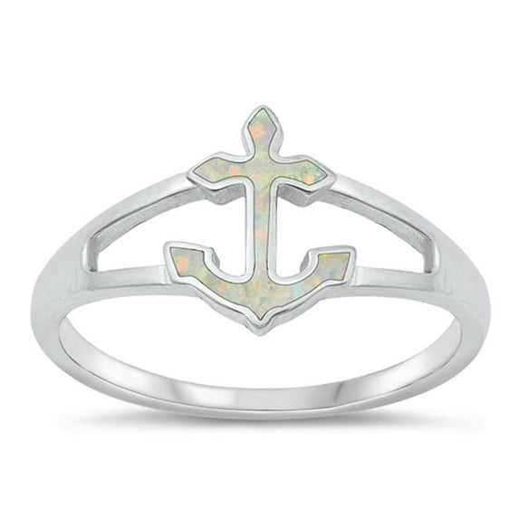 CHOOSE YOUR COLOR White Simulated Opal Anchor Ring .925 Sterling Silver Band CZ Female Size 8