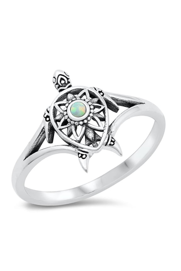 CHOOSE YOUR COLOR White Simulated Opal Bali Turtle Ring .925 Sterling Silver Band CZ Female Size 10