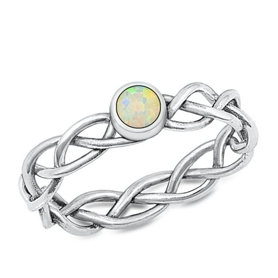 CHOOSE YOUR COLOR White Simulated Opal Braided Ring .925 Sterling Silver Band CZ Female Size 6
