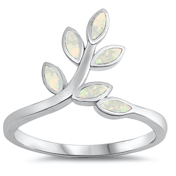 CHOOSE YOUR COLOR White Simulated Opal Branch Tree Leaf Wide Ring .925 Sterling Silver Band CZ Female Size 5