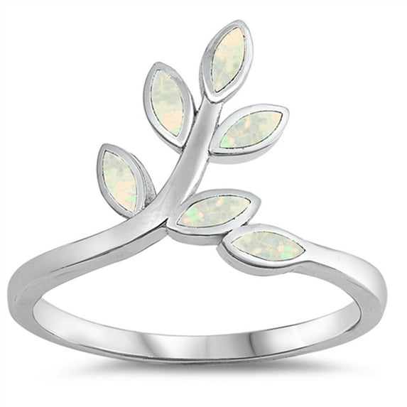 CHOOSE YOUR COLOR White Simulated Opal Branch Tree Leaf Wide Ring .925 Sterling Silver Band CZ Female Size 9