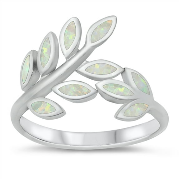 CHOOSE YOUR COLOR White Simulated Opal Branch Wrap Leaf Ring .925 Sterling Silver Band CZ Female Size 9