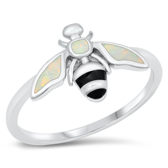 CHOOSE YOUR COLOR White Simulated Opal Bumble Bee Ring .925 Sterling Silver Band CZ Female Size 5