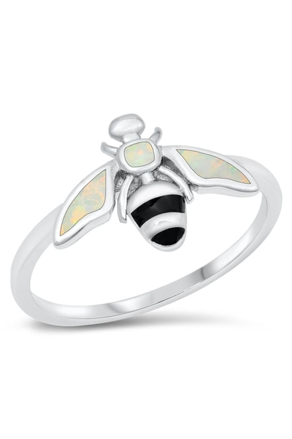 CHOOSE YOUR COLOR White Simulated Opal Bumble Bee Ring .925 Sterling Silver Band CZ Female Size 8