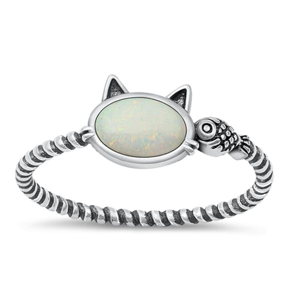 CHOOSE YOUR COLOR White Simulated Opal Cat & Fish Ring .925 Sterling Silver Band CZ Female Size 5