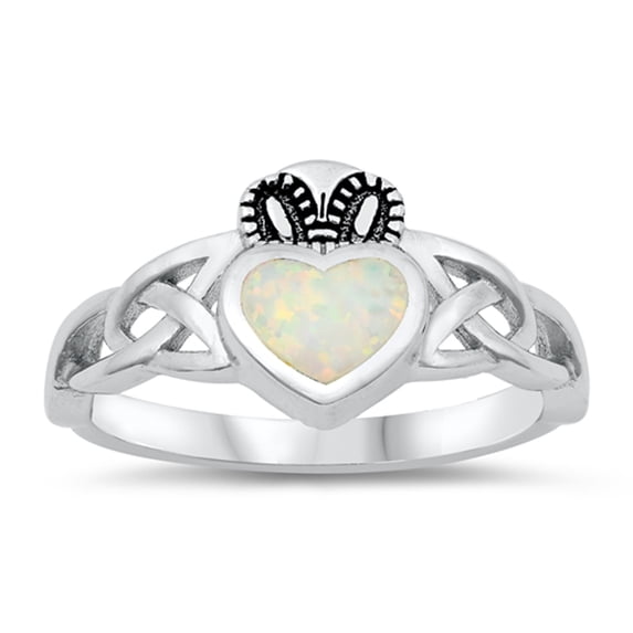 CHOOSE YOUR COLOR White Simulated Opal Celtic Knot Claddagh Heart Ring Sterling Silver Band CZ Female Size 7