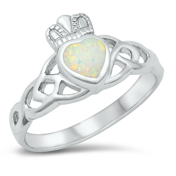 CHOOSE YOUR COLOR White Simulated Opal Celtic Knot Claddagh Ring .925 Sterling Silver Band CZ Female Size 7