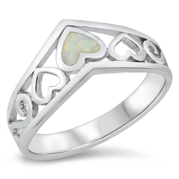 CHOOSE YOUR COLOR White Simulated Opal Chevron Love Heart Promise Ring .925 Sterling Silver CZ Female Size 6
