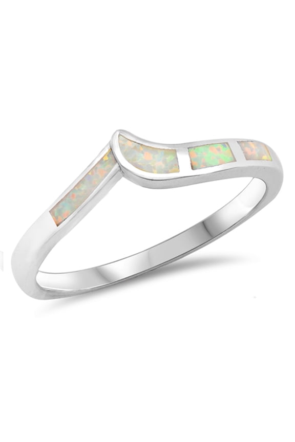 CHOOSE YOUR COLOR White Simulated Opal Chevron Pointed V Midi Ring .925 Sterling Silver Band CZ Female Size 8