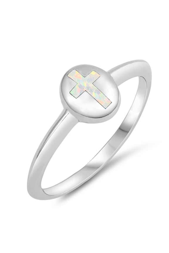 CHOOSE YOUR COLOR White Simulated Opal Christian Cross Purity Ring .925 Sterling Silver Band CZ Female Size 4
