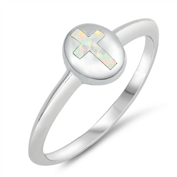 CHOOSE YOUR COLOR White Simulated Opal Christian Cross Purity Ring .925 Sterling Silver Band CZ Female Size 5
