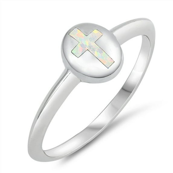 CHOOSE YOUR COLOR White Simulated Opal Christian Cross Purity Ring .925 Sterling Silver Band CZ Female Size 8