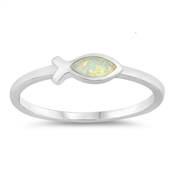 CHOOSE YOUR COLOR White Simulated Opal Christian Fish Ring .925 Sterling Silver Band CZ Female Size 7