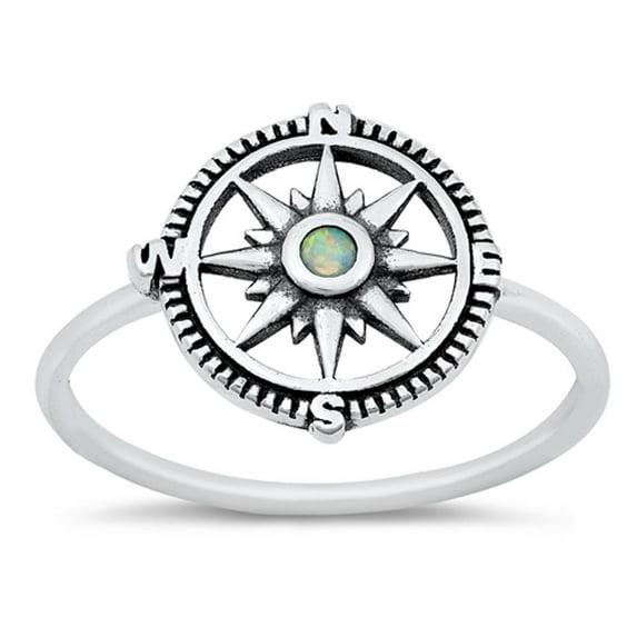 CHOOSE YOUR COLOR White Simulated Opal Compass Ring .925 Sterling Silver Band CZ Female Size 6