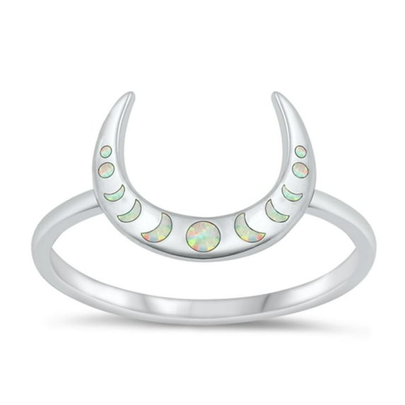 CHOOSE YOUR COLOR White Simulated Opal Crescent Moon Phase Ring .925 Sterling Silver Band CZ Female Size 5