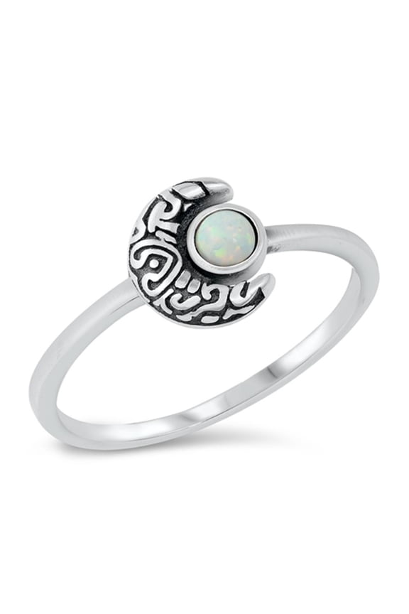 CHOOSE YOUR COLOR White Simulated Opal Crescent Moon Witch Ring .925 Sterling Silver Band CZ Female Size 8