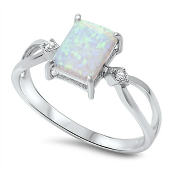 CHOOSE YOUR COLOR White Simulated Opal Criss Cross Square Solitaire Ring Sterling Silver Band CZ Female Size 5