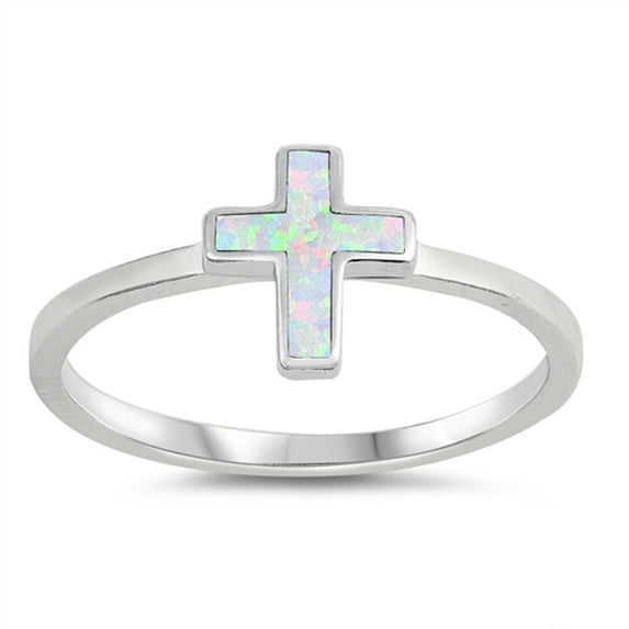 CHOOSE YOUR COLOR White Simulated Opal Cross God Love Ring .925 Sterling Silver Band CZ Female Size 7