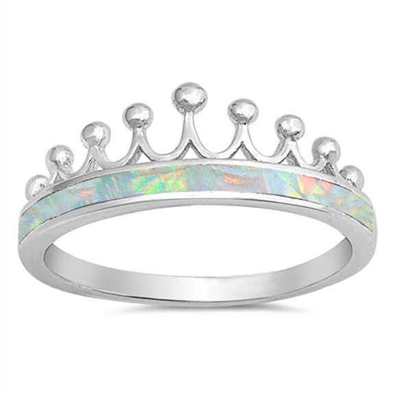 CHOOSE YOUR COLOR White Simulated Opal Crown Tiara Princess Ring .925 Sterling Silver Band CZ Female Size 11