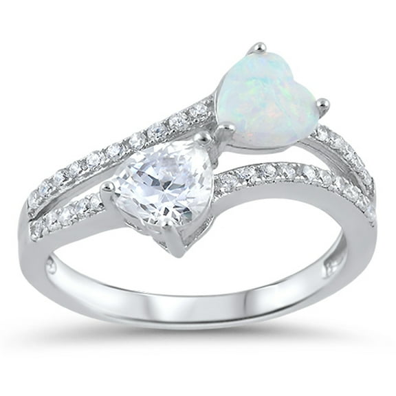 CHOOSE YOUR COLOR White Simulated Opal Double Heart Promise Ring 925 Sterling Silver Band CZ Female Size 8