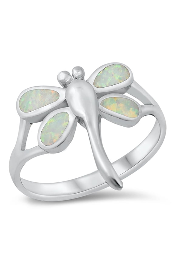CHOOSE YOUR COLOR White Simulated Opal Dragonfly Bug Ring .925 Sterling Silver Band CZ Female Size 7