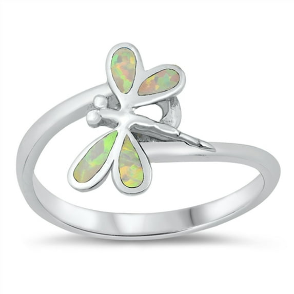 CHOOSE YOUR COLOR White Simulated Opal Dragonfly Ring .925 Sterling Silver Band CZ Female Size 9