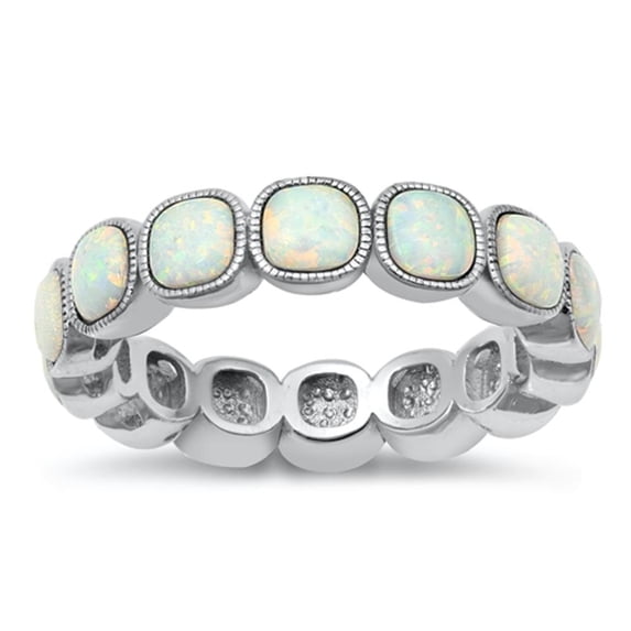 CHOOSE YOUR COLOR White Simulated Opal Eternity Ring .925 Sterling Silver Band CZ Female Size 7
