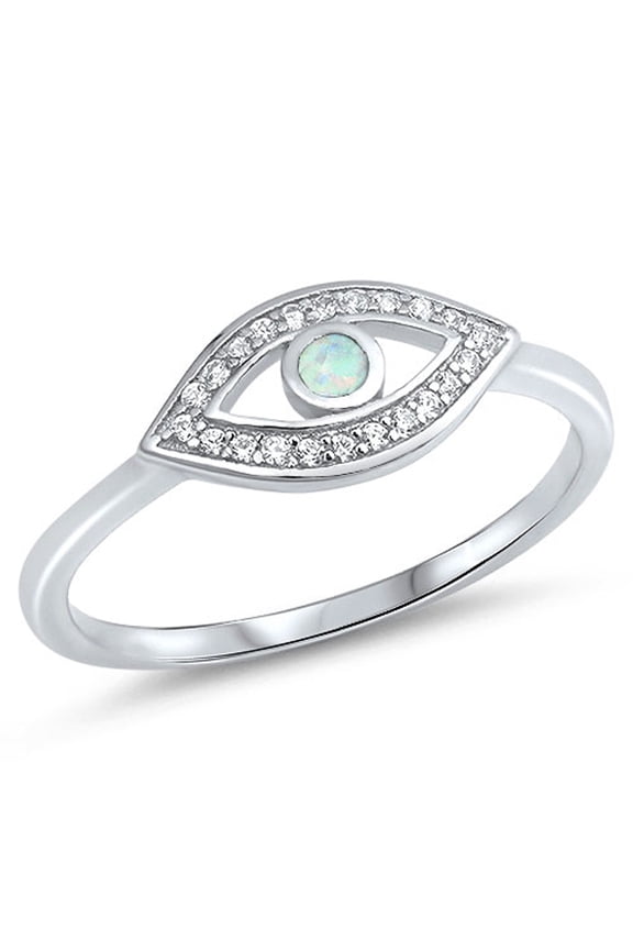 CHOOSE YOUR COLOR White Simulated Opal Evil Eye Halo Ring .925 Sterling Silver Good Luck Band CZ Female Size 12