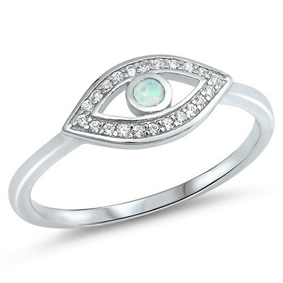 CHOOSE YOUR COLOR White Simulated Opal Evil Eye Halo Ring .925 Sterling Silver Good Luck Band CZ Female Size 4