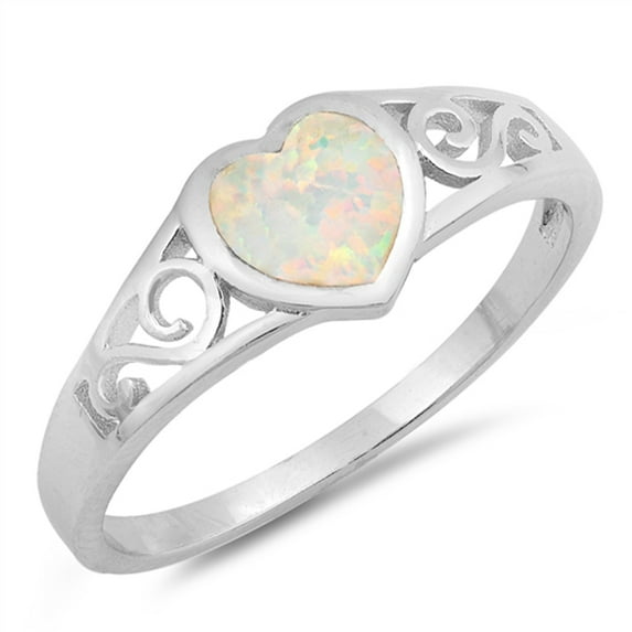 CHOOSE YOUR COLOR White Simulated Opal Filigree Heart Promise Ring .925 Sterling Silver Band CZ Female Size 7