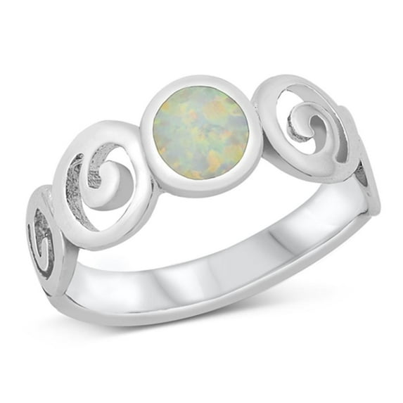 CHOOSE YOUR COLOR White Simulated Opal Filigree Swirl Moon Ring .925 Sterling Silver Band CZ Female Size 6