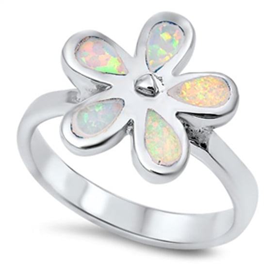 CHOOSE YOUR COLOR White Simulated Opal Flower Ring .925 Sterling Silver Band CZ Female Size 6