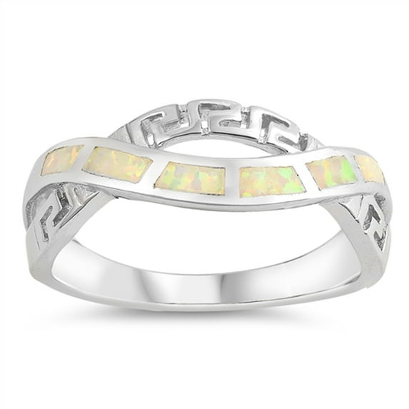 CHOOSE YOUR COLOR White Simulated Opal Greek Key Criss Cross Knot Ring Sterling Silver Band CZ Female Size 5