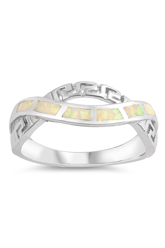 CHOOSE YOUR COLOR White Simulated Opal Greek Key Criss Cross Knot Ring Sterling Silver Band CZ Female Size 7