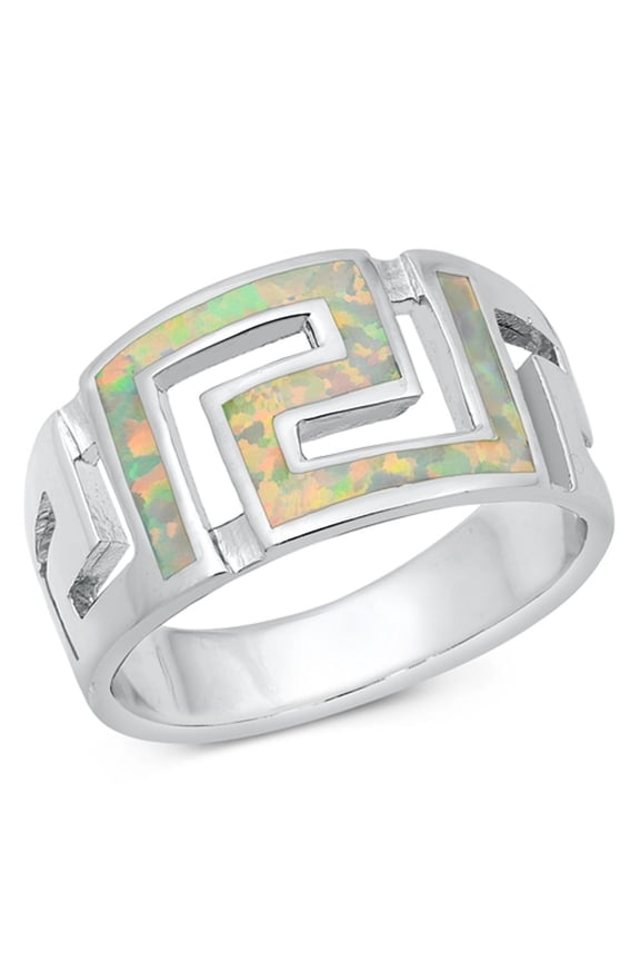 CHOOSE YOUR COLOR White Simulated Opal Greek Key Cutout Ring .925 Sterling Silver Band CZ Female Size 11