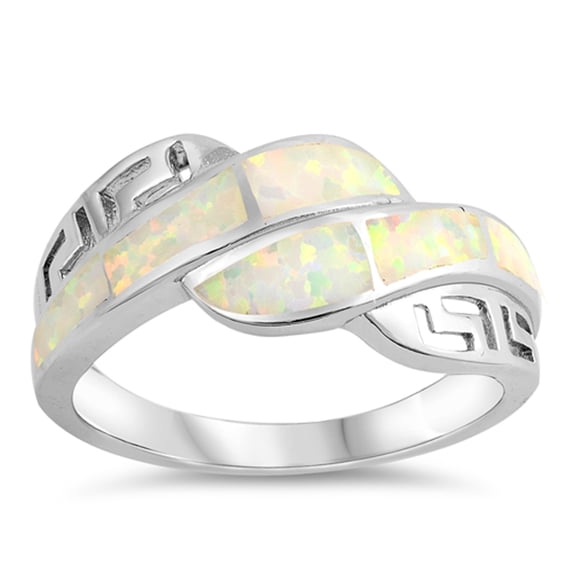 CHOOSE YOUR COLOR White Simulated Opal Greek Key Filigree Ring .925 Sterling Silver Band CZ Female Size 7