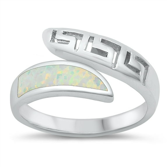 CHOOSE YOUR COLOR White Simulated Opal Greek Key Open Ring .925 Sterling Silver Band CZ Female Size 10