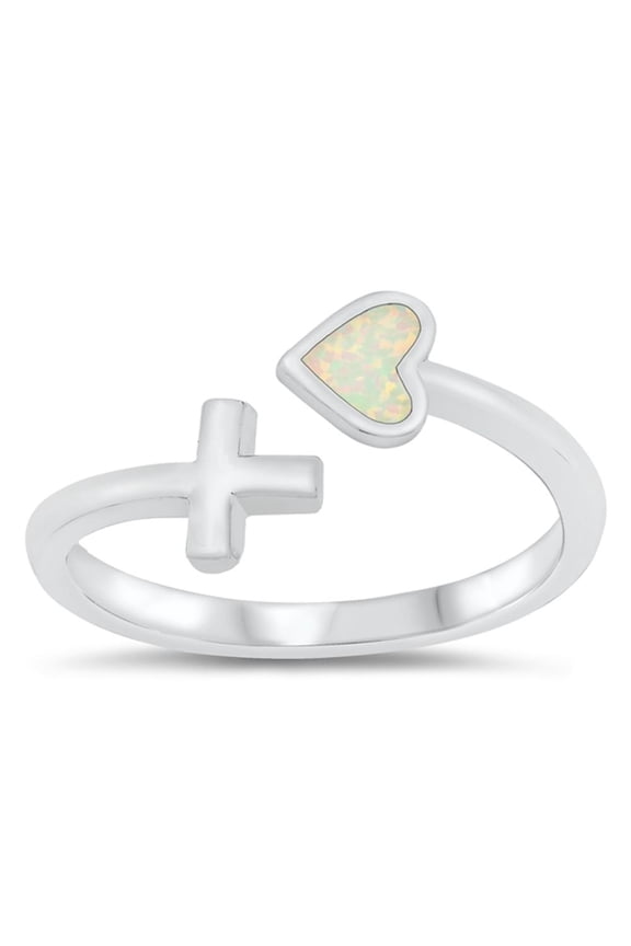CHOOSE YOUR COLOR White Simulated Opal Heart Cross Spoon Ring .925 Sterling Silver Band CZ Female Size 5