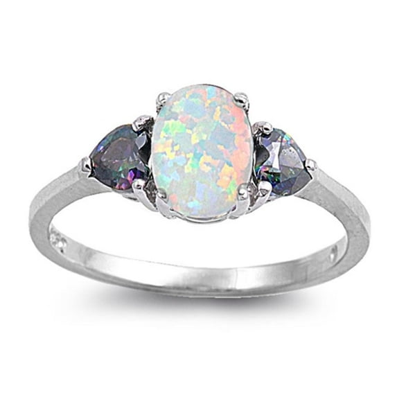 CHOOSE YOUR COLOR White Simulated Opal Heart Love Oval Solitaire Ring Sterling Silver Band Black CZ Female Size 5