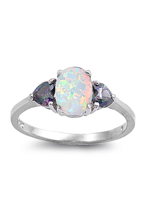 CHOOSE YOUR COLOR White Simulated Opal Heart Love Oval Solitaire Ring Sterling Silver Band Black CZ Female Size 6