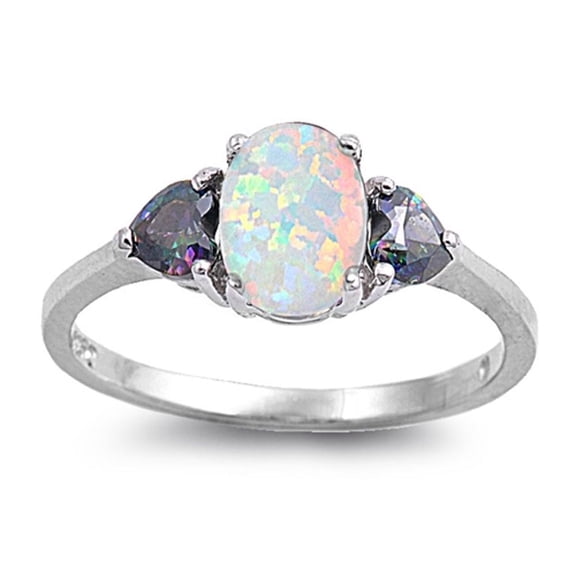 CHOOSE YOUR COLOR White Simulated Opal Heart Love Oval Solitaire Ring Sterling Silver Band Black CZ Female Size 8