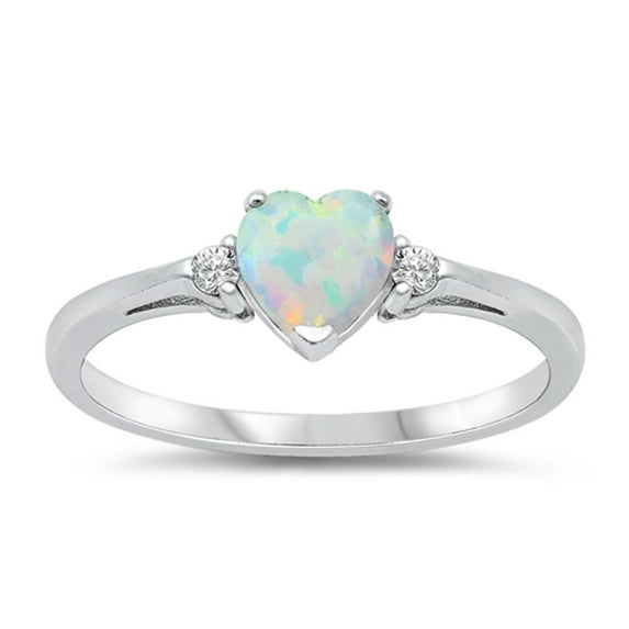 CHOOSE YOUR COLOR White Simulated Opal Heart Promise Ring .925 Sterling Silver Band CZ Female Size 4