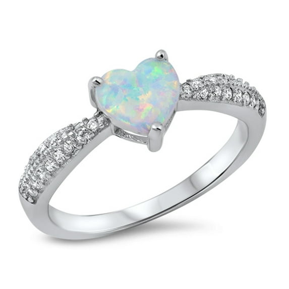 CHOOSE YOUR COLOR White Simulated Opal Heart Promise Ring .925 Sterling Silver Cluster Band CZ Female Size 5