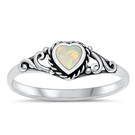 CHOOSE YOUR COLOR White Simulated Opal Heart Promise Ring .925 Sterling Silver Filigree Band CZ Female Size 4