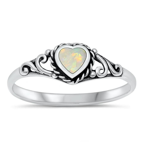 CHOOSE YOUR COLOR White Simulated Opal Heart Promise Ring .925 Sterling Silver Filigree Band CZ Female Size 6