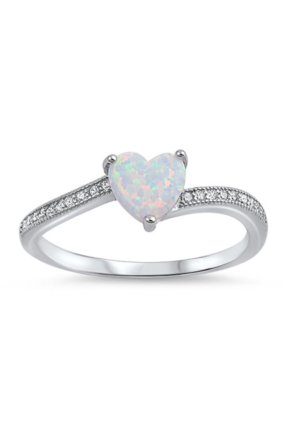 CHOOSE YOUR COLOR White Simulated Opal Heart Promise Ring .925 Sterling Silver Love Band CZ Female Size 10