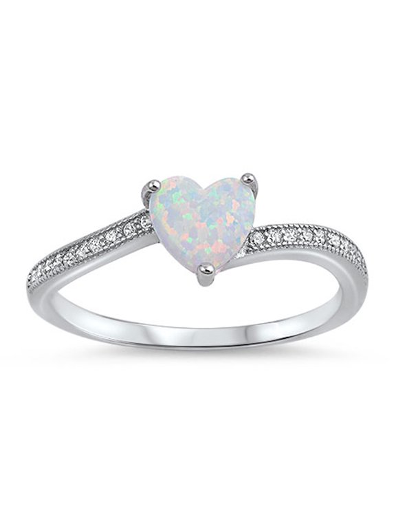 CHOOSE YOUR COLOR White Simulated Opal Heart Promise Ring .925 Sterling Silver Love Band CZ Female Size 10