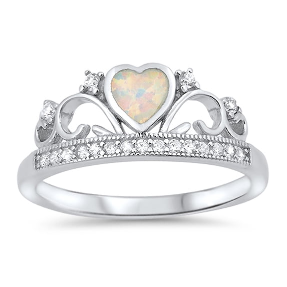 CHOOSE YOUR COLOR White Simulated Opal Heart Tiara Crown Promise Ring Sterling Silver Band CZ Female Size 10